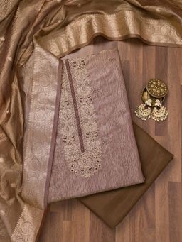 Koskii - Brown Zari Tissue Unstitched Top with Unstitched Bottom and Dupatta (Set of 3)