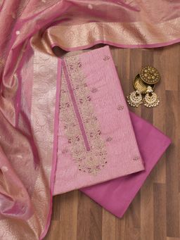 Koskii - Onion Pink Zari Tissue Unstitched Top with Unstitched Bottom and Dupatta (Set of 3)