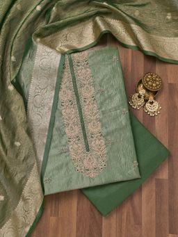 Koskii - Pista Green Zari Tissue Unstitched Top with Unstitched Bottom and Dupatta (Set of 3)
