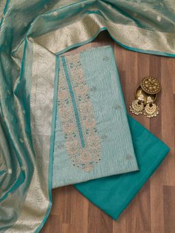Koskii - Turquoise Zari Tissue Unstitched Top with Unstitched Bottom and Dupatta (Set of 3)
