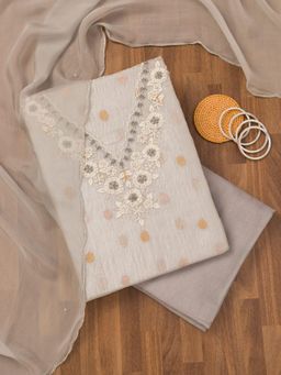 Koskii - Light Grey Zari Organza Unstitched Top with Unstitched Bottom and Dupatta (Set of 3)