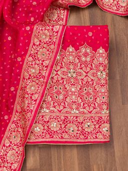 Koskii - Red Zari Georgette Unstitched Top with Unstitched Bottom and Dupatta (Set of 3)