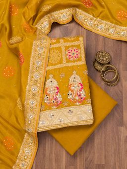 Koskii - Mustard Zari Crepe Unstitched Top with Unstitched Bottom and Dupatta (Set of 3)