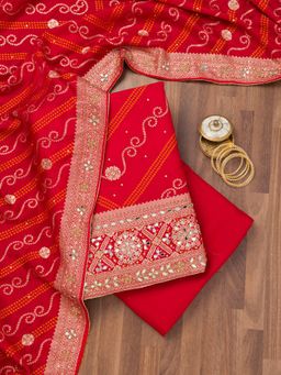 Koskii - Red Zari Crepe Unstitched Top with Unstitched Bottom and Dupatta (Set of 3)