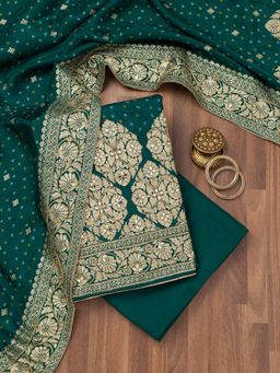 Koskii - Bottle Green Zari Crepe Unstitched Top with Unstitched Bottom and Dupatta (Set of 3)