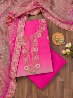 Koskii - Pink Zari Crepe Unstitched Top with Unstitched Bottom and Dupatta (Set of 3)