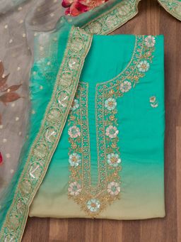 Koskii - Sea Green Zari Crepe Unstitched Top with Unstitched Bottom and Dupatta (Set of 3)