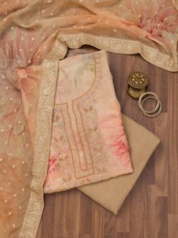 Koskii - Beige Printed Tissue Unstitched Top with Unstitched Bottom and Dupatta (Set of 3)