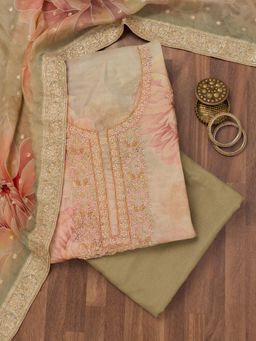 Koskii - Olive Printed Crepe Unstitched Top with Unstitched Bottom and Dupatta (Set of 3)