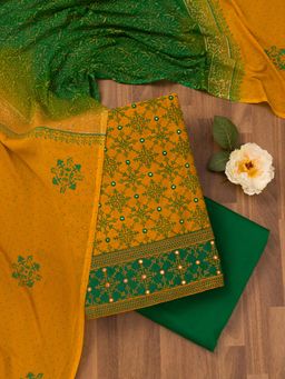 Koskii - Mustard Zari Art Silk Unstitched Top with Unstitched Bottom and Dupatta (Set of 3)