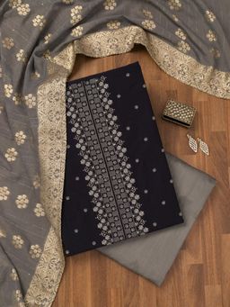 Koskii - Blue Zari Art Silk Unstitched Top with Unstitched Bottom and Dupatta (Set of 3)