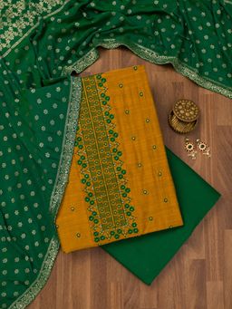 Koskii - Mustard Zari Art Silk Unstitched Top with Unstitched Bottom and Dupatta (Set of 3)