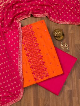 Koskii - Orange Zari Art Silk Unstitched Top with Unstitched Bottom and Dupatta (Set of 3)