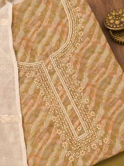 Koskii - Olive Printed Organza Unstitched Top with Unstitched Bottom and Dupatta (Set of 3)