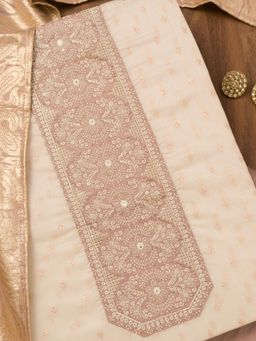 Koskii - Cream Zari Chanderi Unstitched Top with Unstitched Bottom and Dupatta (Set of 3)