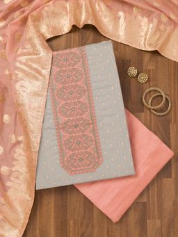 Koskii - Grey Zari Chanderi Unstitched Top with Unstitched Bottom and Dupatta (Set of 3)