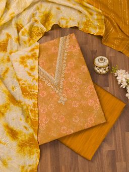 Koskii - Mustard Zari Chanderi Unstitched Top with Unstitched Bottom and Dupatta (Set of 3)