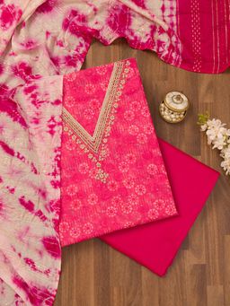 Koskii - Rani Pink Zari Chanderi Unstitched Top with Unstitched Bottom and Dupatta (Set of 3)