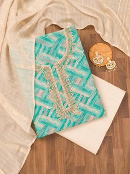 Koskii - Blue Printed Chanderi Unstitched Top with Unstitched Bottom and Dupatta (Set of 3)