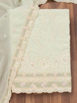 Koskii - Pista Green Georgette Unstitched Top with Unstitched Bottom and Dupatta (Set of 3)