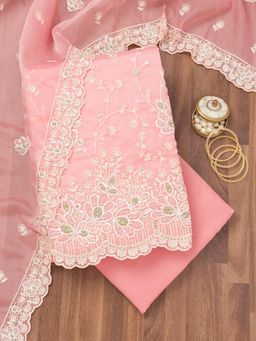 Koskii - Pink Sequins Organza Unstitched Top with Unstitched Bottom and Dupatta (Set of 3)