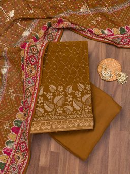 Koskii - Brown Zari Crepe Unstitched Top with Unstitched Bottom and Dupatta (Set of 3)