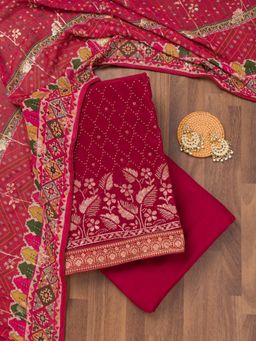 Koskii - Pink Zari Crepe Unstitched Top with Unstitched Bottom and Dupatta (Set of 3)