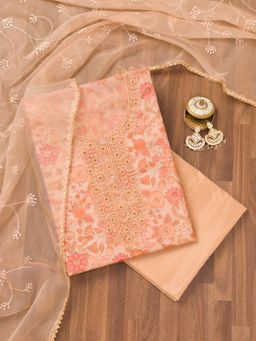 Koskii - Peach Printed Tissue Unstitched Top with Unstitched Bottom and Dupatta (Set of 3)