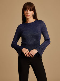 Kazo - Navy Blue Luxe Yarn Scallop Hem Top