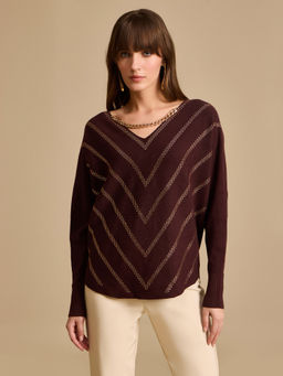 Kazo - Brown Embellished Batwing Sleeve Pullover Sweater
