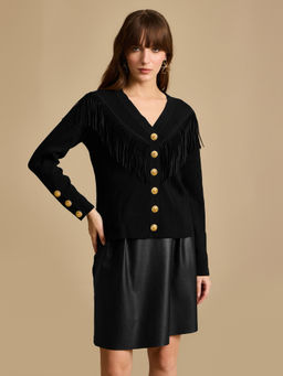 Kazo - Black V-Neck Fringe Cardigan