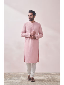 Manyavar - Pink Blended Cotton Embroidery Kurta Pencil Pyjama Set (Set of 2)