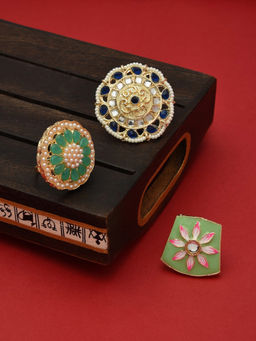 Zaveri Pearls - Set of 3 Multicolor Traditional Kundan Adjustable Finger Rings-ZPFK12761