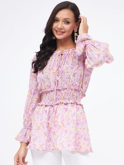 Kibo - Grorgette Floral Print Wide Neck Top for Women