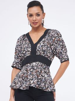 Kibo - Floral V-Neck Solid Panelled Top for Women