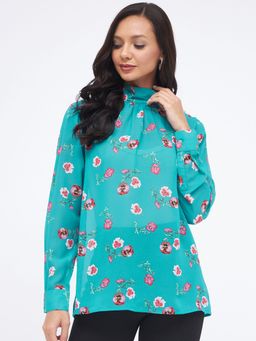 Kibo - Womens Printed Aqua Green High Neck Top