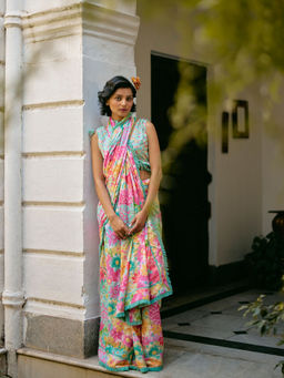 Uri by Mrunalini Rao - Multi-Color Chrysanthemum Saree with Unstitched Blouse