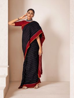 Akhilam - Cotton Blend Black Printed Designer Saree With Blouse Piece