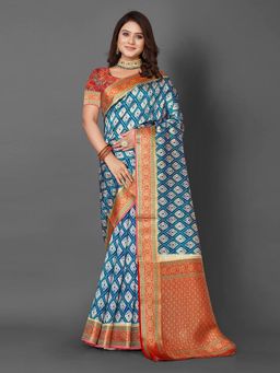 Akhilam - Cotton Blend Blue Woven Designer Saree With Blouse Piece