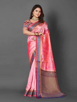 Akhilam - Cotton Blend Pink Woven Designer Saree With Blouse Piece