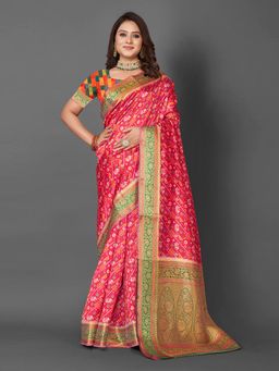Akhilam - Cotton Blend Pink Woven Designer Saree With Blouse Piece