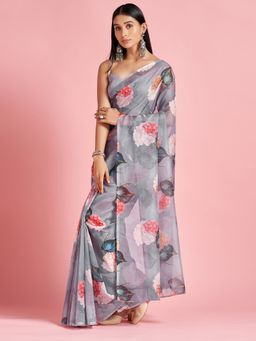 Sareemall - Organza Grey Digital Print Designer Saree With Blouse Piece