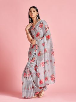Sareemall - Organza Grey Digital Print Designer Saree With Blouse Piece
