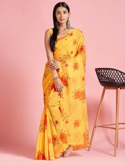 Sareemall - Organza Yellow Digital Print Designer Saree With Blouse Piece