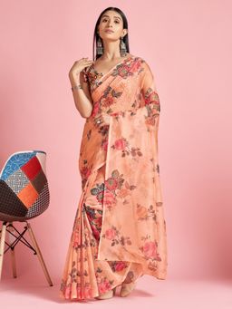 Sareemall - Organza Peach Digital Print Designer Saree With Blouse Piece