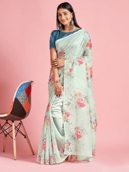 Sareemall - Organza Blue Digital Print Designer Saree With Blouse Piece