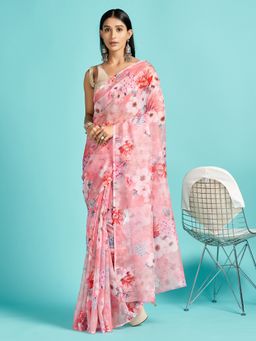 Akhilam - Organza Pink Digital Print Designer Saree With Blouse Piece