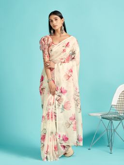 Akhilam - Organza Off White Digital Print Designer Saree With Blouse Piece