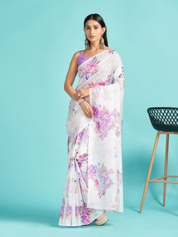 Akhilam - Organza White Digital Print Designer Saree With Blouse Piece