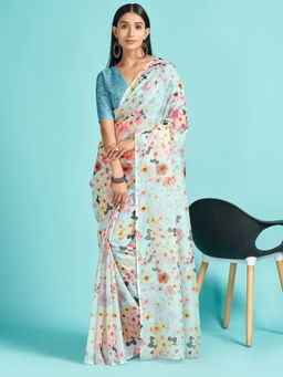 Akhilam - Organza Blue Digital Print Designer Saree With Blouse Piece